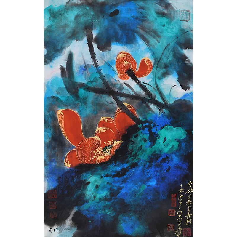 《泼彩金荷花》  绢本材质